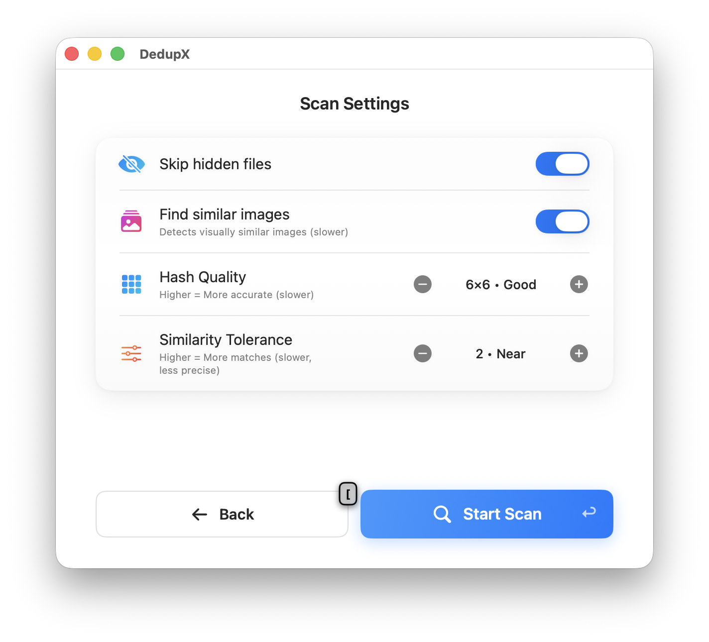 DedupX — Scan settings